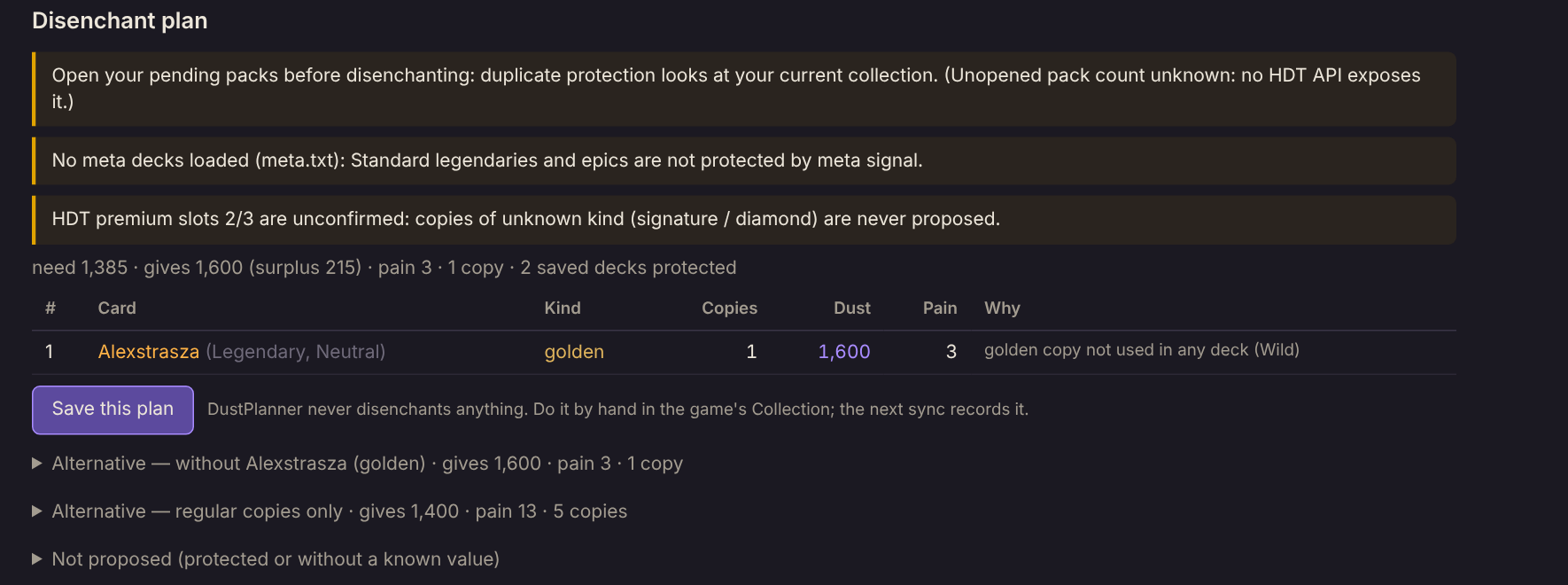 The disenchant plan for a deck: one golden copy, why it was picked, and the alternatives