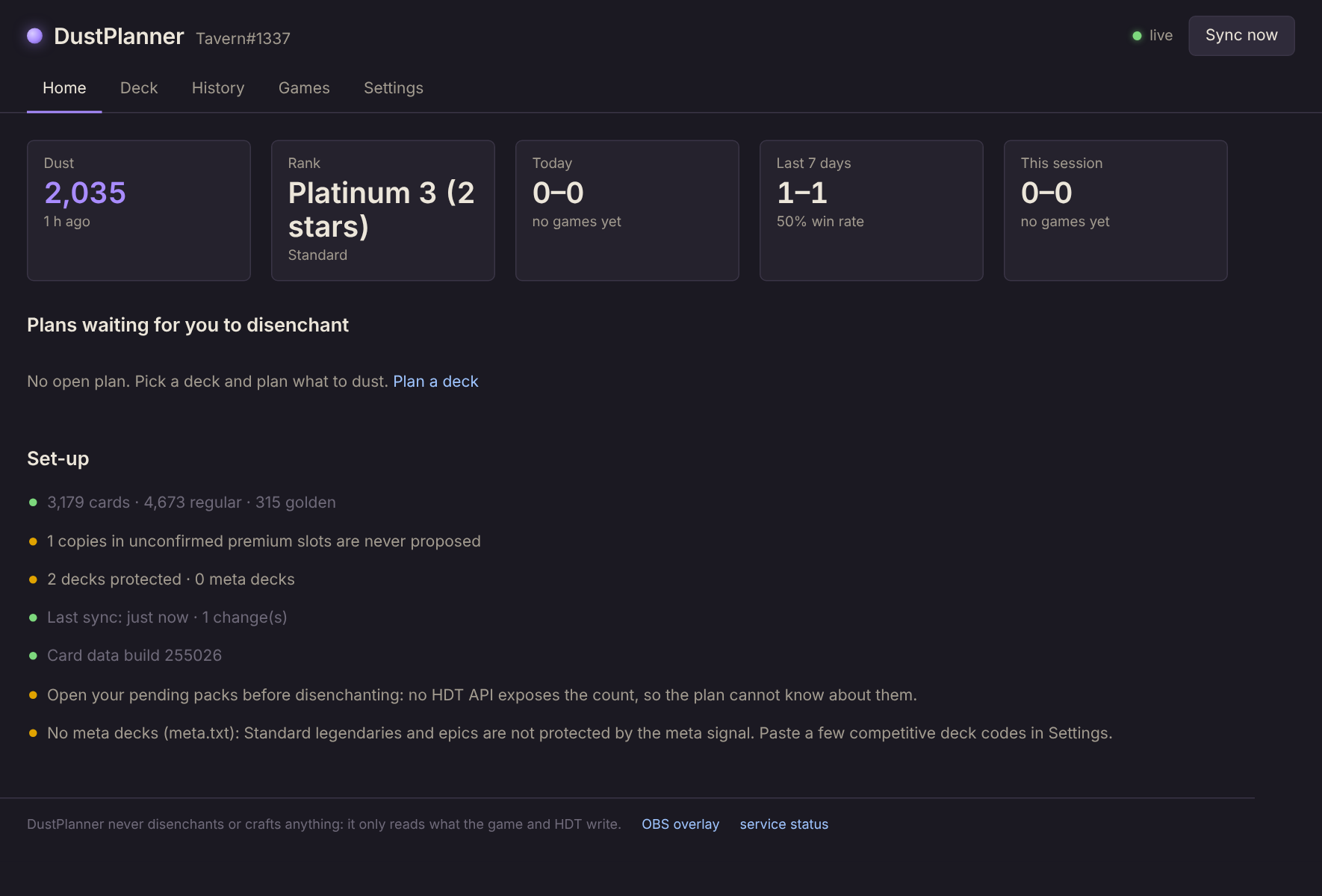 The Home page with dust, rank, records and the set-up checklist
