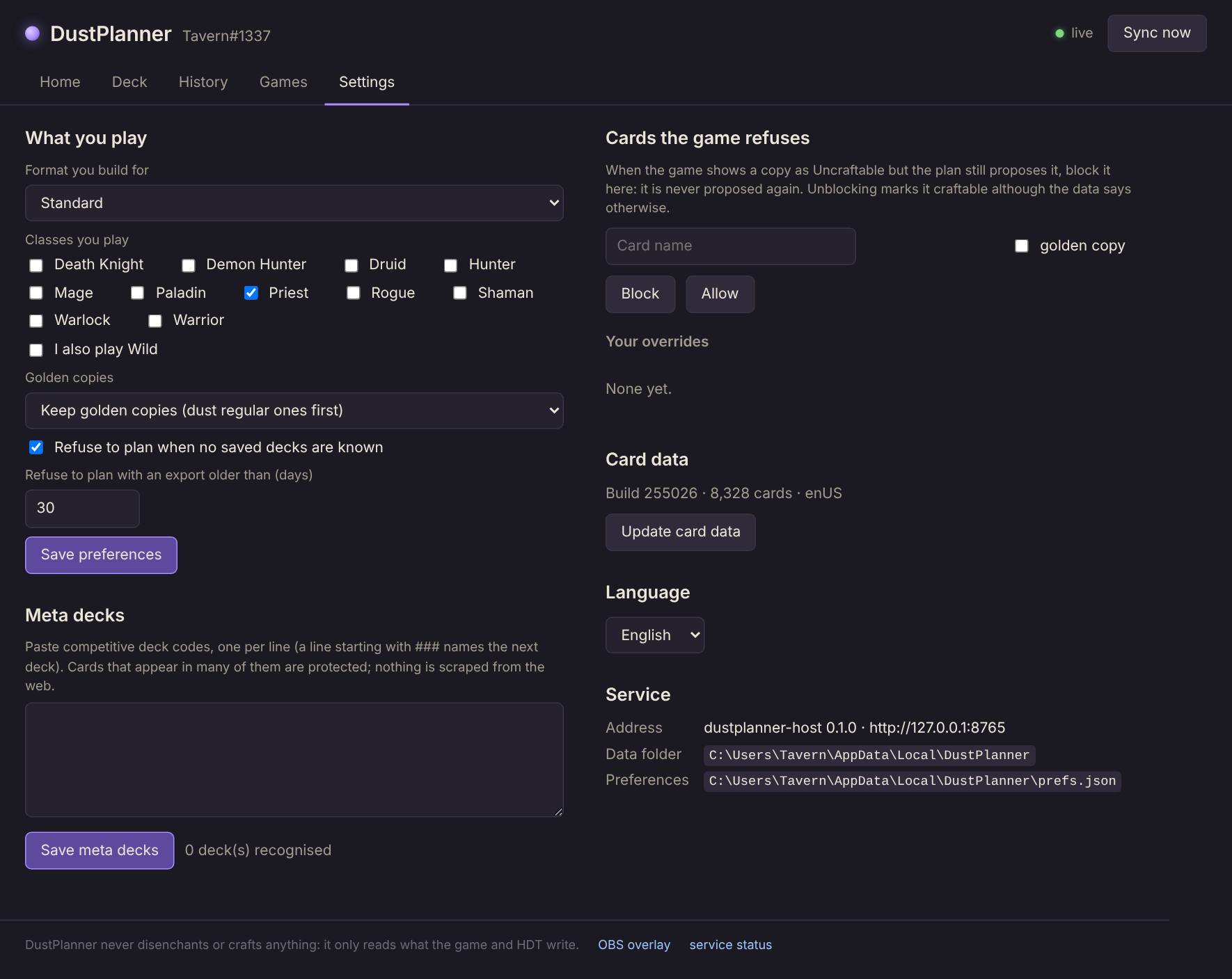 The Settings page: what you play, meta decks, cards the game refuses, card data